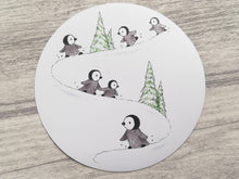 Load image into Gallery viewer, Penguin chick kitchen magnet, cute round grey penguins in the snow large magnet

