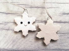 Load image into Gallery viewer, Pottery mini snowflake. Little Christmas tag. Hand painted ceramics, glittery snow