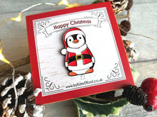 Load image into Gallery viewer, Happy Christmas Santa penguin enamel pin, Father Christmas, Boo the penguin, Christmas brooch
