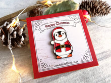 Load image into Gallery viewer, Happy Christmas Santa penguin enamel pin, Father Christmas, Boo the penguin, Christmas brooch
