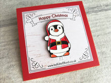 Load image into Gallery viewer, Happy Christmas Santa penguin enamel pin, Father Christmas, Boo the penguin, Christmas brooch