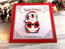 Load image into Gallery viewer, Happy Christmas Santa penguin enamel pin, Father Christmas, Boo the penguin, Christmas brooch