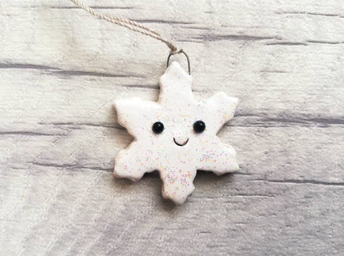 Pottery mini snowflake. Little Christmas tag. Hand painted ceramics, glittery snow