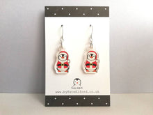 Load image into Gallery viewer, Christmas penguin earrings, recycled acrylic, cute Santa Boo the penguin, sterling silver hooks