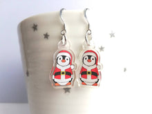 Load image into Gallery viewer, Christmas penguin earrings, recycled acrylic, cute Santa Boo the penguin, sterling silver hooks
