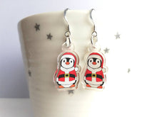 Load image into Gallery viewer, Christmas penguin earrings, recycled acrylic, cute Santa Boo the penguin, sterling silver hooks