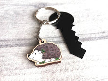 Load image into Gallery viewer, Hedgehog keyring, small hedgehog wooden key fob, ethically sourced wood, key chain