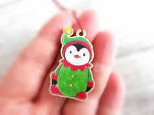 Load image into Gallery viewer, Penguin elf Christmas decoration. Small wooden elf penguin. Ethically sourced wood. Cute Christmas tree ornament