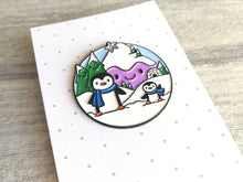 Load image into Gallery viewer, Seconds - Penguin enamel pin, snow and mountains