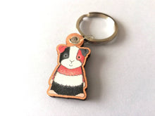 Load image into Gallery viewer, Guinea pig keyring, wooden cavy key fob, tri colour guinea pig key chain, wood bag charm, responsibly resourced wood
