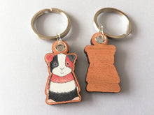 Load image into Gallery viewer, Guinea pig keyring, wooden cavy key fob, tri colour guinea pig key chain, wood bag charm, responsibly resourced wood