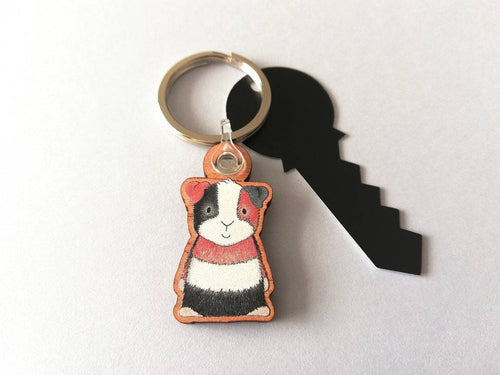 Guinea pig keyring, wooden cavy key fob, tri colour guinea pig key chain, wood bag charm, responsibly resourced wood