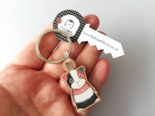 Load image into Gallery viewer, Guinea pig keyring, wooden cavy key fob, tri colour guinea pig key chain, wood bag charm, responsibly resourced wood