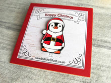 Load image into Gallery viewer, Happy Christmas Santa penguin enamel pin, Father Christmas, Boo the penguin, Christmas brooch