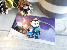 Load image into Gallery viewer, Penguin dressing gown Christmas decoration, eco friendly, ethically sourced wood, cute little tag, waiting for Santa