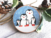 Load image into Gallery viewer, Penguin family decoration. Wooden Christmas ornament, penguins in the snow, eco friendly wood