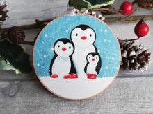 Load image into Gallery viewer, Penguin family decoration. Wooden Christmas ornament, penguins in the snow, eco friendly wood