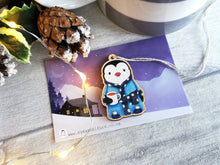 Load image into Gallery viewer, Penguin dressing gown Christmas decoration, eco friendly, ethically sourced wood, cute little tag, waiting for Santa