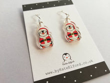 Load image into Gallery viewer, Christmas penguin earrings, recycled acrylic, cute Santa Boo the penguin, sterling silver hooks
