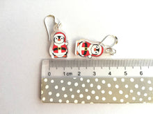 Load image into Gallery viewer, Christmas penguin earrings, recycled acrylic, cute Santa Boo the penguin, sterling silver hooks