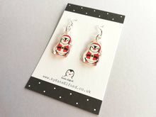 Load image into Gallery viewer, Christmas penguin earrings, recycled acrylic, cute Santa Boo the penguin, sterling silver hooks