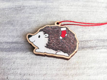 Load image into Gallery viewer, Hedgehog Christmas decoration. Hedgehog and stocking, small wooden, ethically sourced wood. Cute Christmas tree ornament