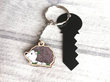 Load image into Gallery viewer, Hedgehog keyring, small hedgehog wooden key fob, ethically sourced wood, key chain