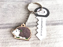 Load image into Gallery viewer, Hedgehog keyring, small hedgehog wooden key fob, ethically sourced wood, key chain
