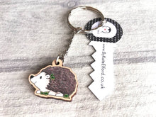 Load image into Gallery viewer, Hedgehog keyring, small hedgehog wooden key fob, ethically sourced wood, key chain
