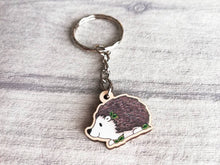 Load image into Gallery viewer, Hedgehog keyring, small hedgehog wooden key fob, ethically sourced wood, key chain