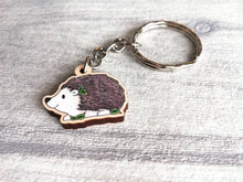Load image into Gallery viewer, Hedgehog keyring, small hedgehog wooden key fob, ethically sourced wood, key chain