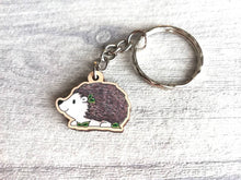 Load image into Gallery viewer, Hedgehog keyring, small hedgehog wooden key fob, ethically sourced wood, key chain