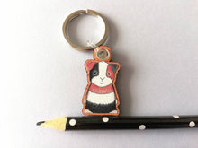 Load image into Gallery viewer, Guinea pig keyring, wooden cavy key fob, tri colour guinea pig key chain, wood bag charm, responsibly resourced wood