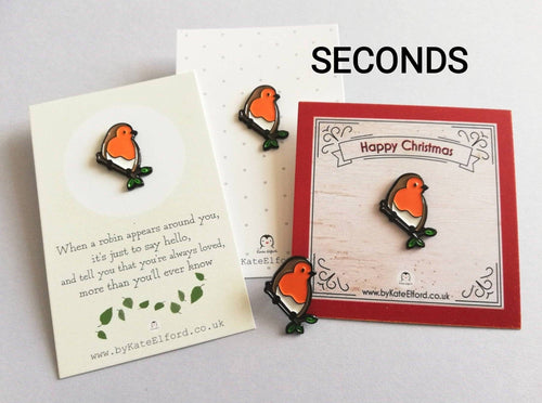 Seconds - Little robin enamel pin, Christmas pin, memory robin, choice of when a robin appears, Christmas or plain backing cards