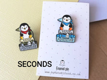 Load image into Gallery viewer, Seconds - Penguin adventure enamel pin, ready for adventure, uni, hiking, life, travel, journey, new job, new home, college, University