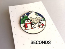 Load image into Gallery viewer, Seconds - Penguin enamel brooch, snow and happy mountains