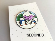 Load image into Gallery viewer, Seconds - Penguin enamel pin, snow and mountains
