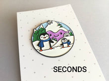 Load image into Gallery viewer, Seconds - Penguin enamel pin, snow and mountains