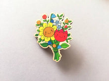 Load image into Gallery viewer, Thanks a bunch wooden pin brooch, cute happy flowers badge. Responsibly resourced wood. Thank you gift