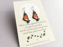 Load image into Gallery viewer, When a robin appears earrings, robin earrings, enamel bird earrings, sterling silver ear wire, birds, memory, Christmas earrings