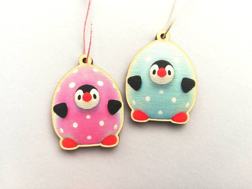 Easter penguin eggs, pink and blue polka dot, little wooden eco friendly Easter tree decorations