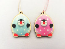 Load image into Gallery viewer, Easter penguin eggs, pink and blue polka dot, little wooden eco friendly Easter tree decorations