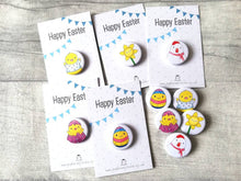 Load image into Gallery viewer, Easter badges, little chick, daffodil and egg pin buttons, Happy Easter, egg hunt treasure, available separately or as a bundle