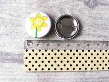 Load image into Gallery viewer, Easter badges, little chick, daffodil and egg pin buttons, Happy Easter, egg hunt treasure, available separately or as a bundle
