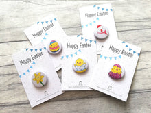 Load image into Gallery viewer, Easter badges, little chick, daffodil and egg pin buttons, Happy Easter, egg hunt treasure, available separately or as a bundle