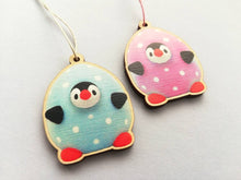 Load image into Gallery viewer, Easter penguin eggs, pink and blue polka dot, little wooden eco friendly Easter tree decorations