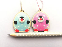 Load image into Gallery viewer, Easter penguin eggs, pink and blue polka dot, little wooden eco friendly Easter tree decorations