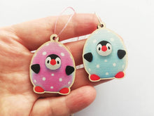 Load image into Gallery viewer, Easter penguin eggs, pink and blue polka dot, little wooden eco friendly Easter tree decorations