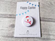 Load image into Gallery viewer, Easter badges, little chick, daffodil and egg pin buttons, Happy Easter, egg hunt treasure, available separately or as a bundle