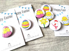 Load image into Gallery viewer, Easter badges, little chick, daffodil and egg pin buttons, Happy Easter, egg hunt treasure, available separately or as a bundle